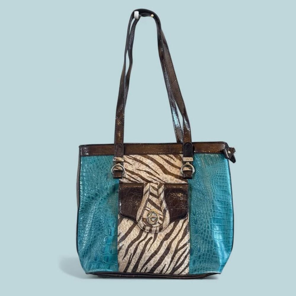 Teal/Brown Croco Embossed Animal Pattern Leather MC Medium Shoulder Handbag